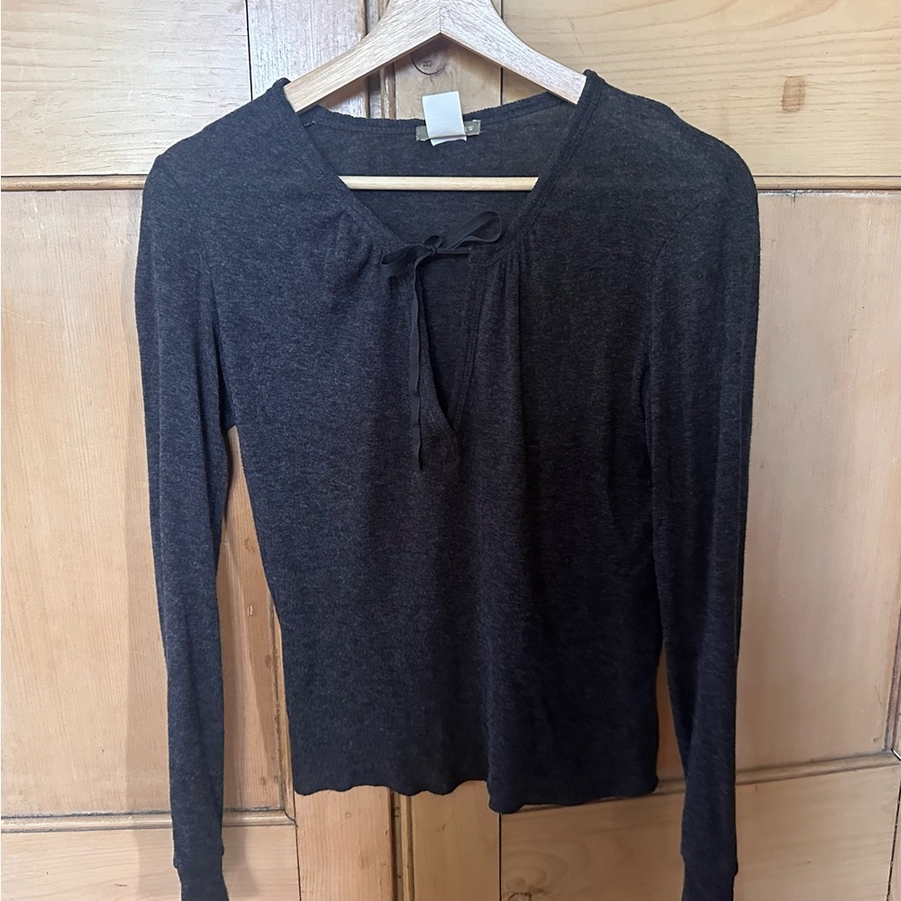 J. Crew Dark Charcoal Tie-Front Long Sleeve Tee